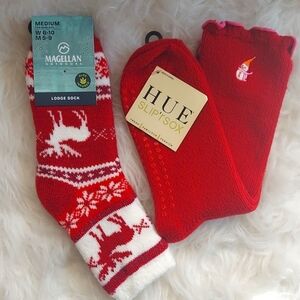 Magellan Red Moose Lodge Crew Socks + Hue Snowman Anti Slip sock - Sz M (6-10)